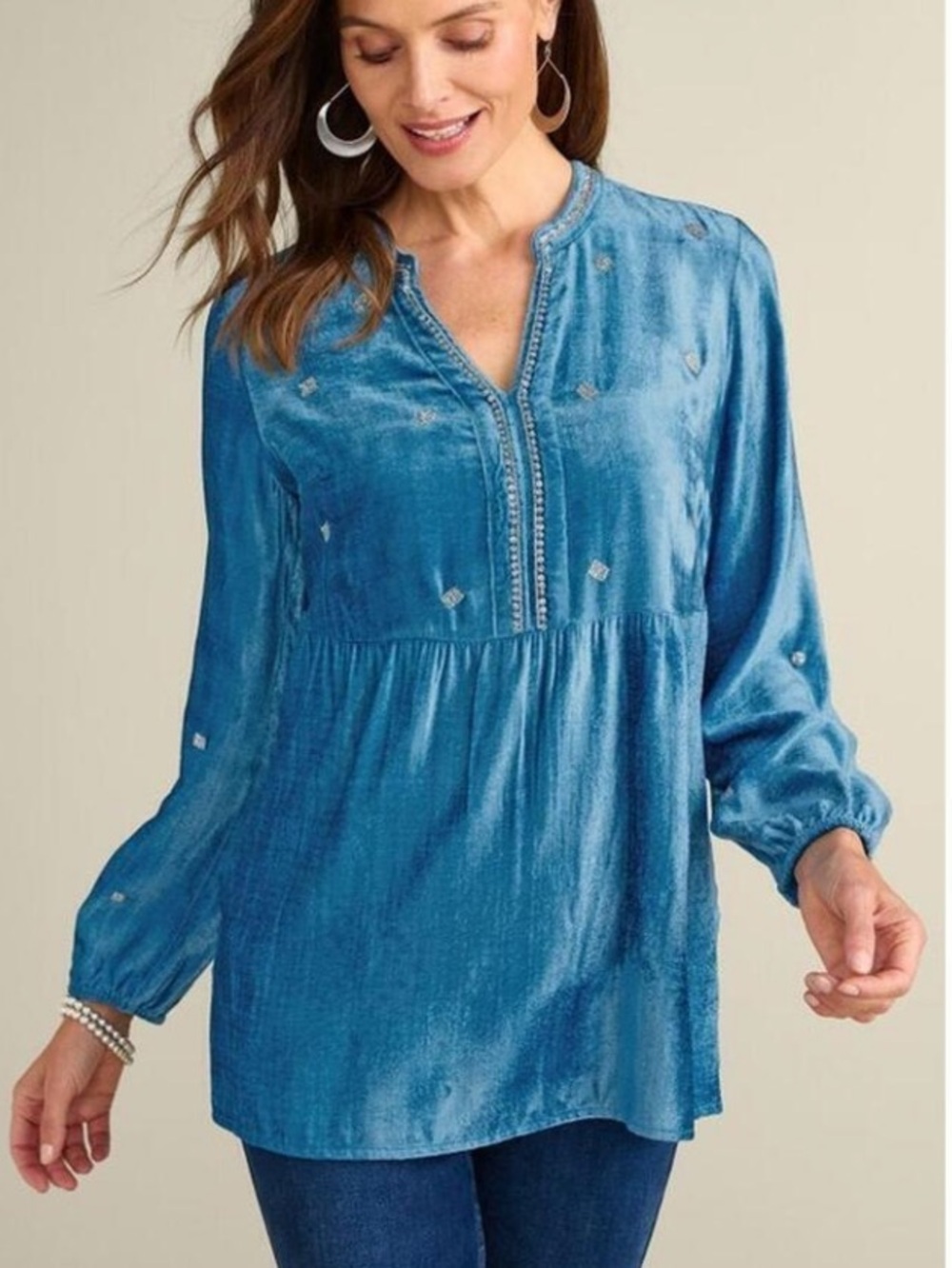 Soft Surroundings Verna Velvet Women’s V-Neck Long Sleeves Tunic Top Sz PM